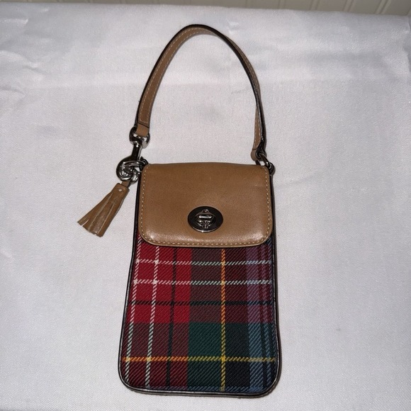Coach Handbags - Vintage Coach Plaid Wool Turnlock Top Handle Phone Bag Pouch Bag Charm Tassel